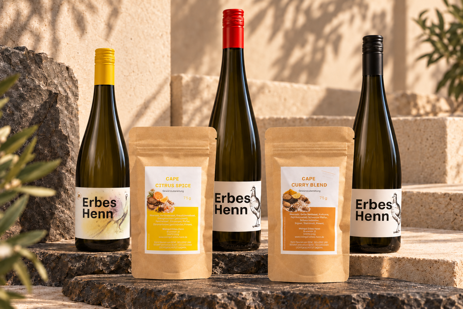 Das Weinprobierpaket von Erbes-Henn: drei Weine und Cape Citrus Spice sowie Cape Curry Blend im Doypack